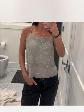 ASTR the label  Rhinestone Mesh Spaghetti Strap Tank Top